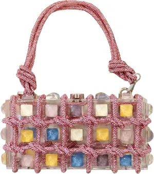Fashion Women Clear Purse Acrylic Box Clutch Handbag, Small Weave Diamonds Crossbody Evening Bag,Metal Chain Floral Design