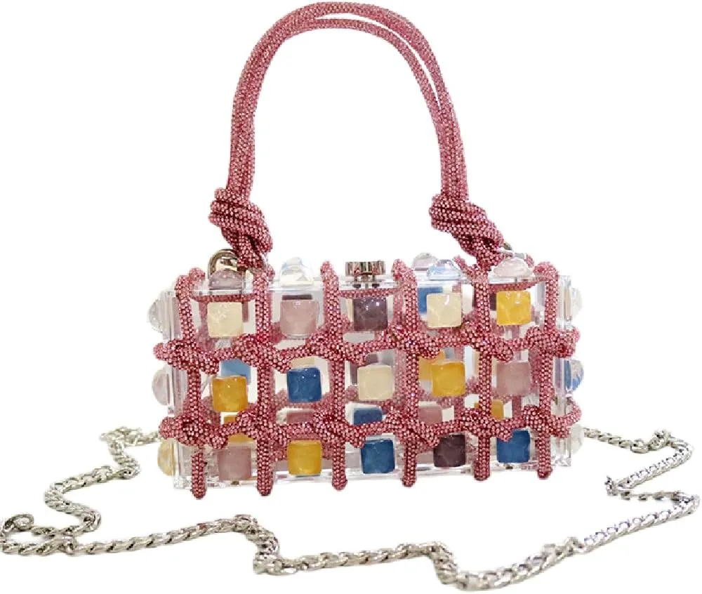 Fashion Women Clear Purse Acrylic Box Clutch Handbag, Small Weave Diamonds Crossbody Evening Bag,Metal Chain Floral Design