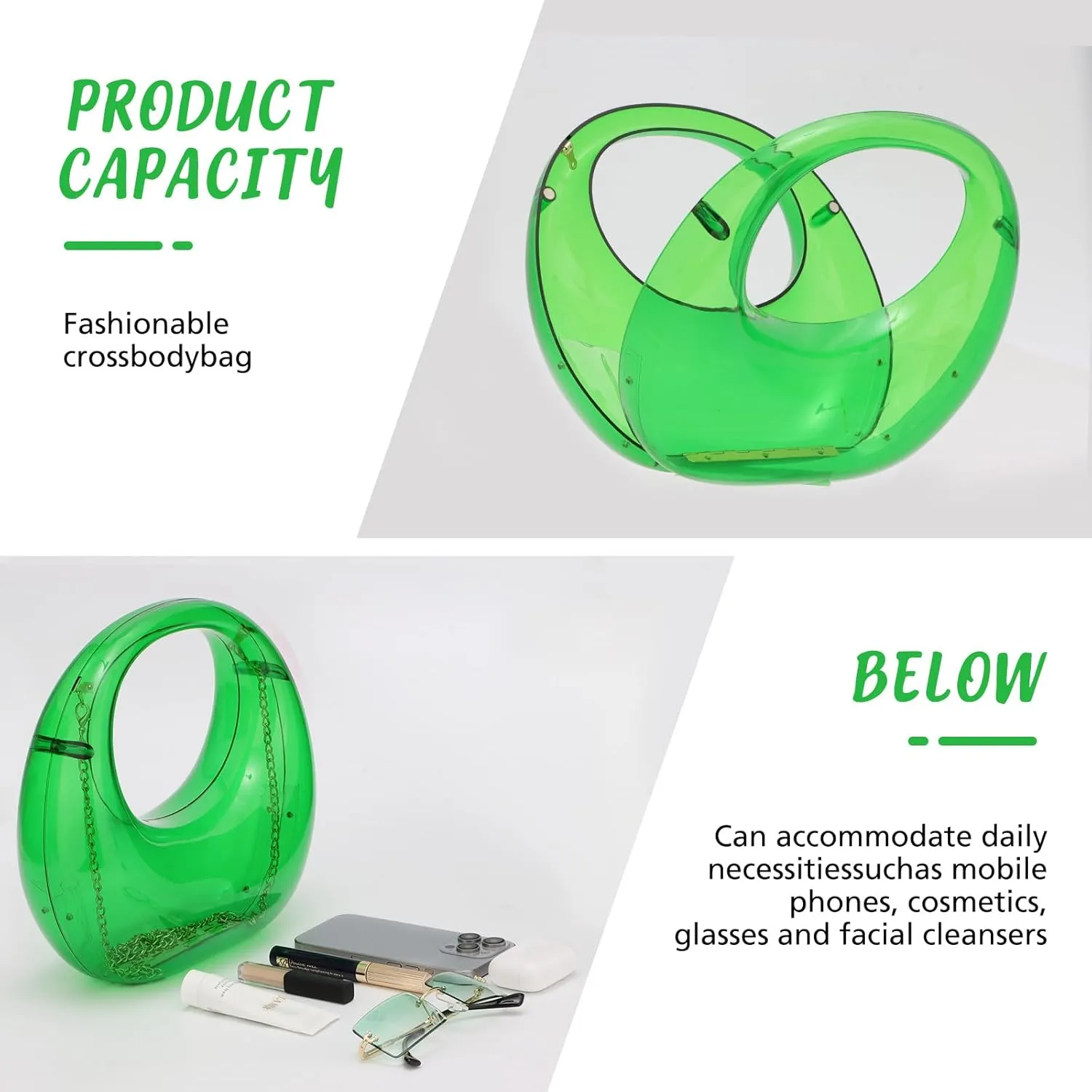 Fecialy Acrylic Evening Clutch Purse Women Moon Shape Bag Transparent Evening Bag Unique Top-handle Handbag