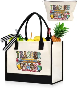 Female teacher gift, teacher appreciation gift, 2 personalized teacher canvas handbags, including makeup bag, suitable for teachers' birthdays, Teacher's Day, and back to school season fun gifts