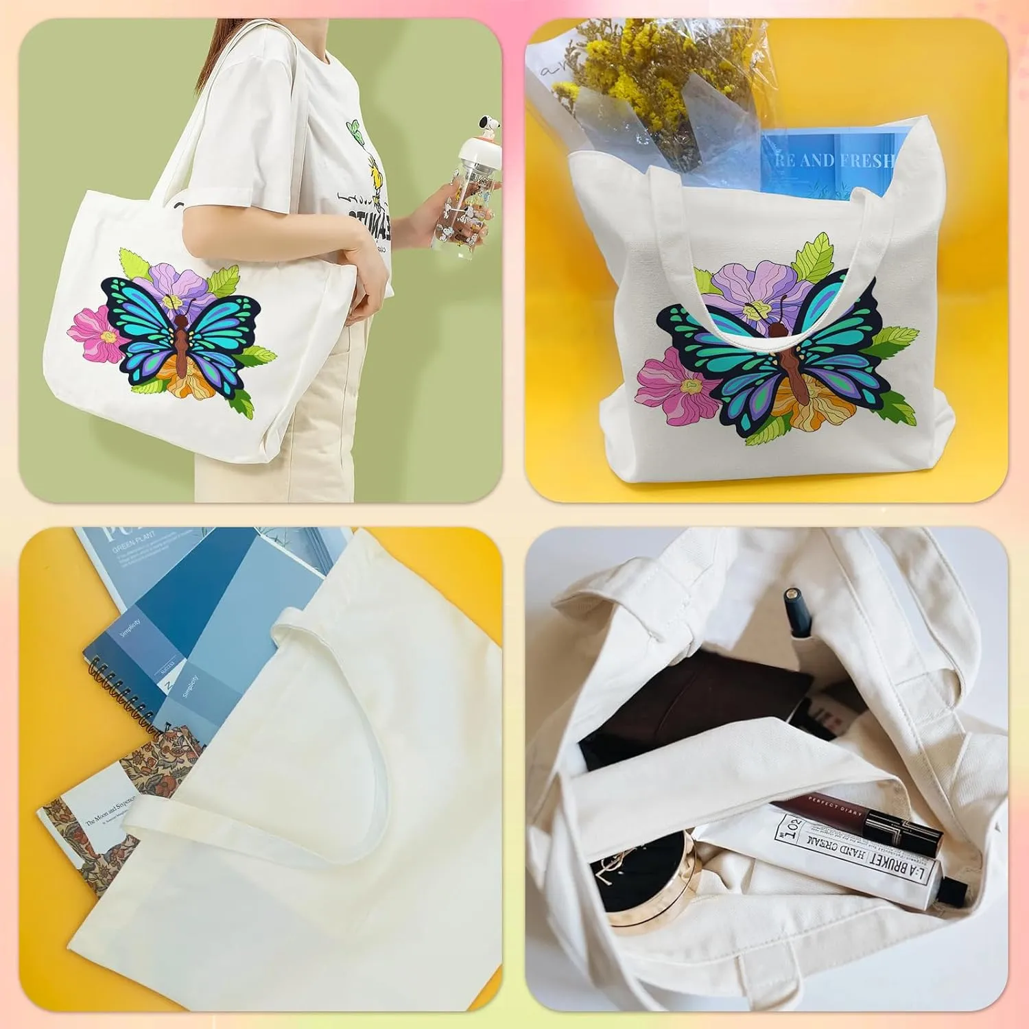 FILASLFT Butterfly Paint by Number Tote Bag, Paint by Numbers for Adults Canvas Bag, DIY for Crafting and Decorating Reusable Washable Canvas Handbags 17.71x13.38 Inch