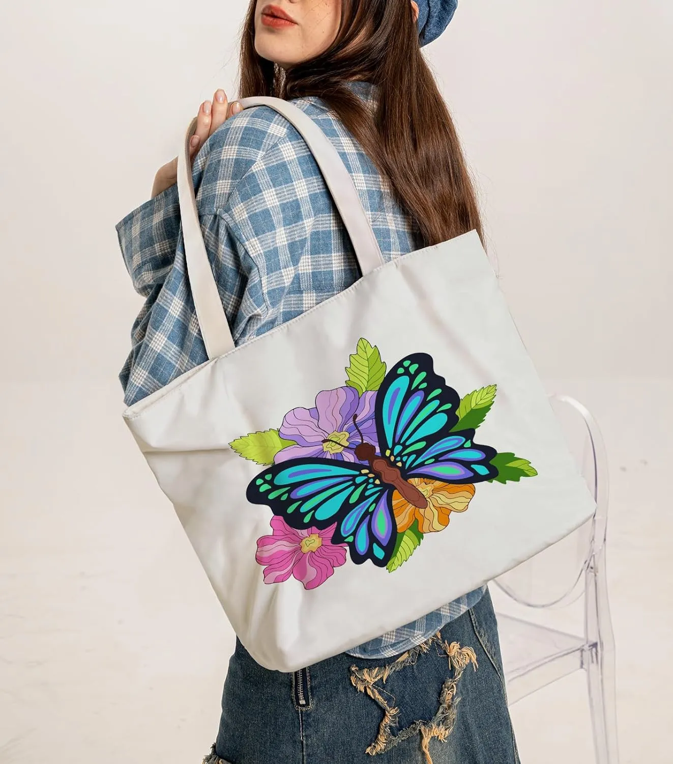 FILASLFT Butterfly Paint by Number Tote Bag, Paint by Numbers for Adults Canvas Bag, DIY for Crafting and Decorating Reusable Washable Canvas Handbags 17.71x13.38 Inch