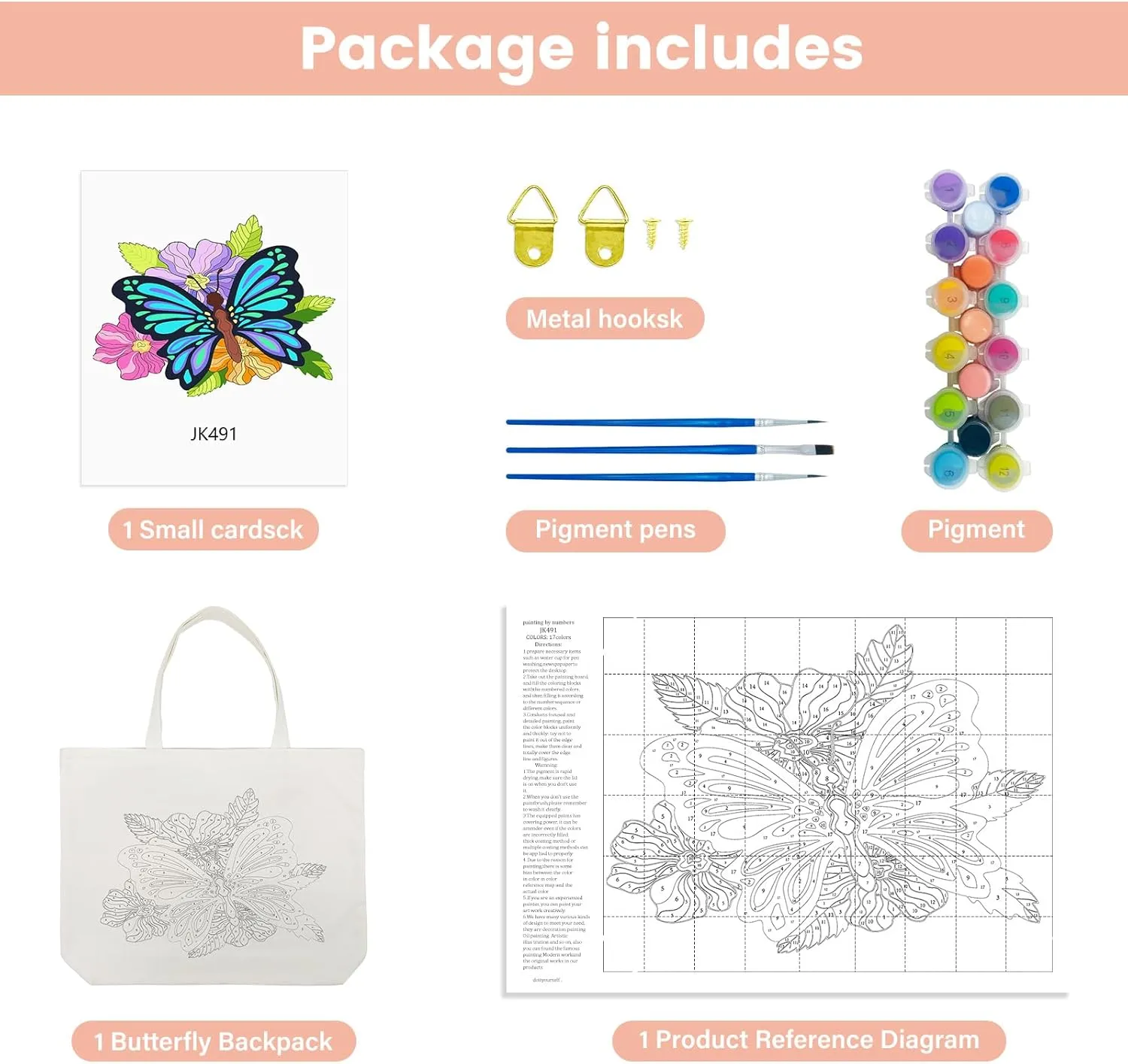 FILASLFT Butterfly Paint by Number Tote Bag, Paint by Numbers for Adults Canvas Bag, DIY for Crafting and Decorating Reusable Washable Canvas Handbags 17.71x13.38 Inch