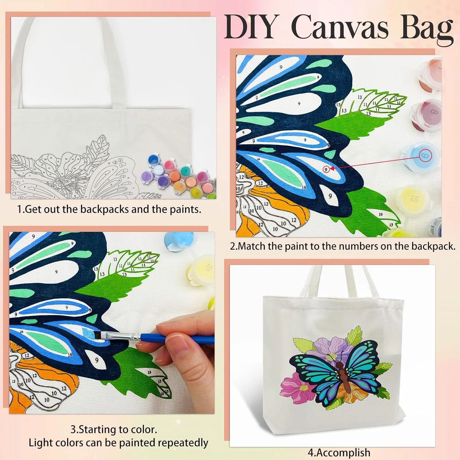 FILASLFT Butterfly Paint by Number Tote Bag, Paint by Numbers for Adults Canvas Bag, DIY for Crafting and Decorating Reusable Washable Canvas Handbags 17.71x13.38 Inch