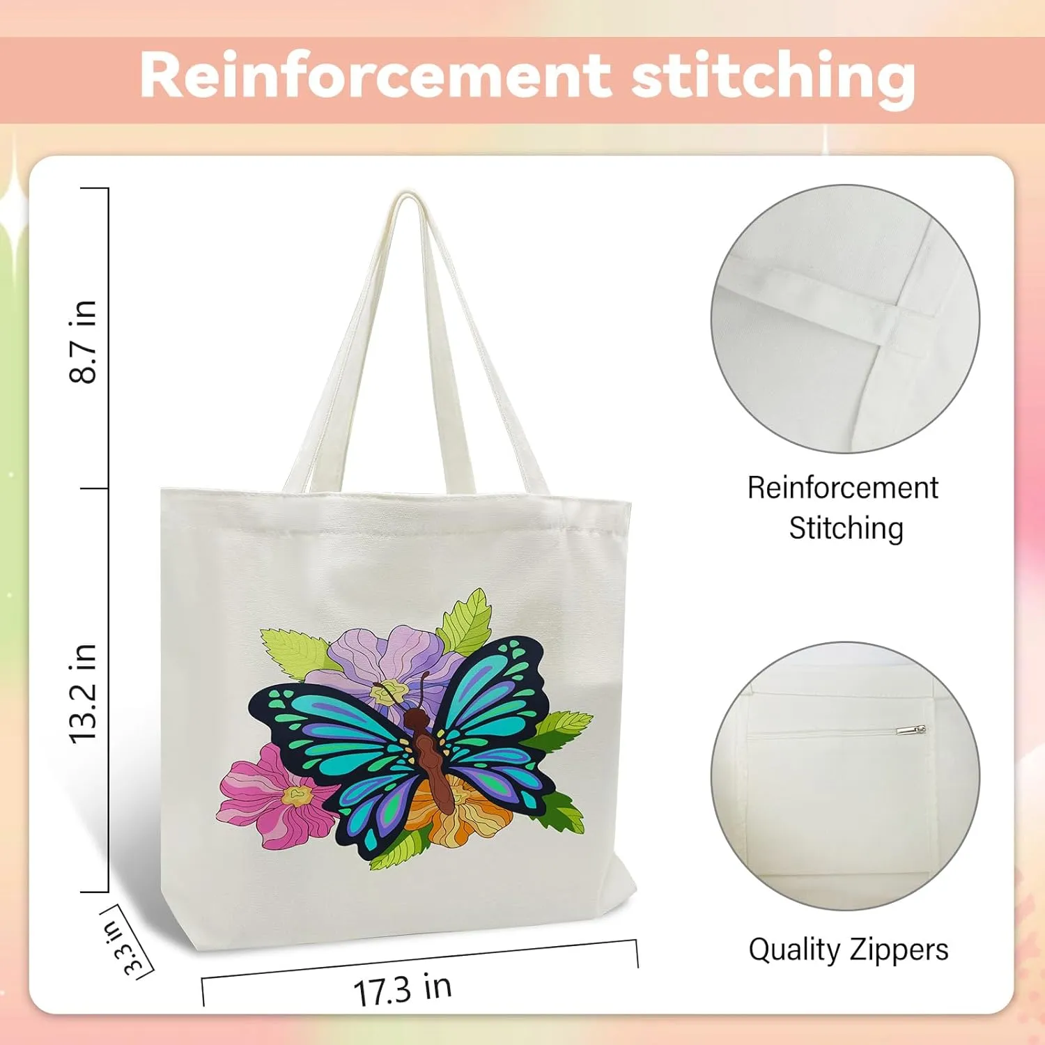 FILASLFT Butterfly Paint by Number Tote Bag, Paint by Numbers for Adults Canvas Bag, DIY for Crafting and Decorating Reusable Washable Canvas Handbags 17.71x13.38 Inch