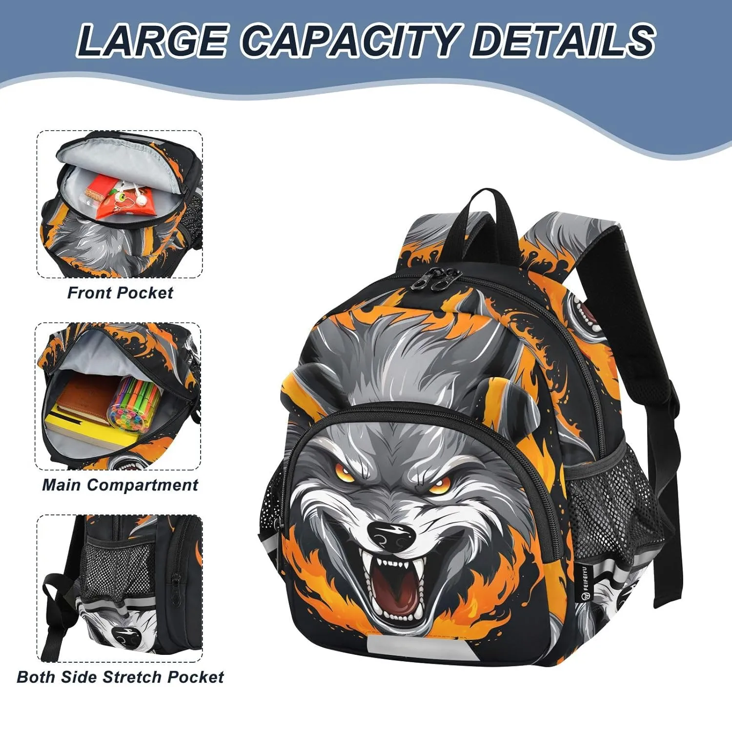 Fire Wildlife Wolf Painting Toddler Harness Backpack for Boys Girls 3-6 Years Kids Backpack with Anti Lost Safety Leash Baby Travel Bag for Travel Walking Preschool