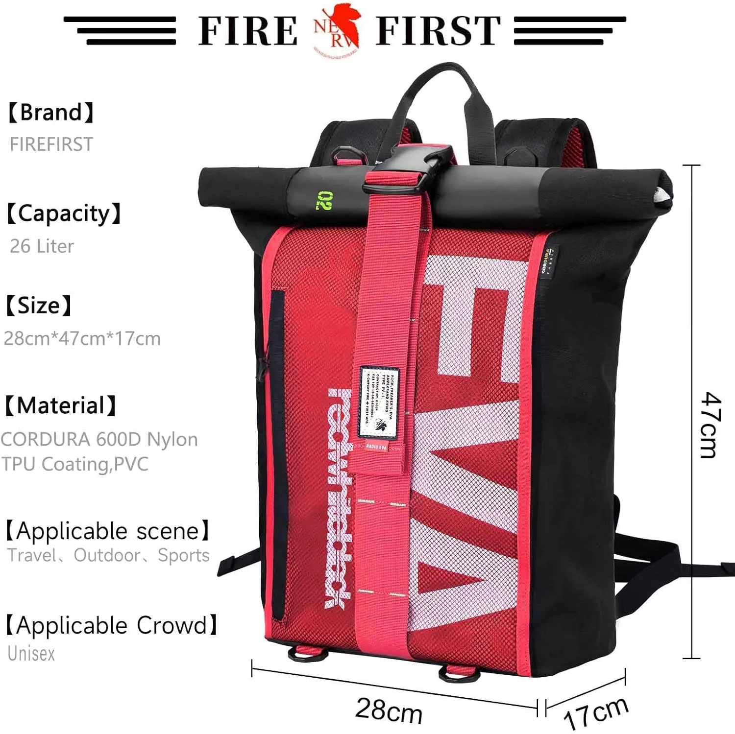 FIREFIRST Evangelion Backpacks for Men's Women's 28L Waterproof Travel Leisure Backpack