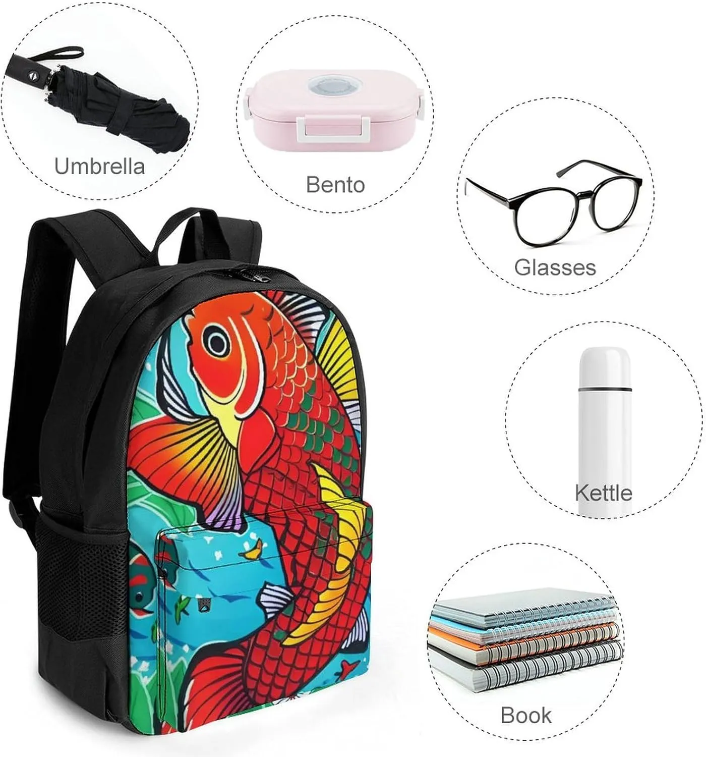 Fish Red Flowers Green Art Rucksack Polyester Anti-Theft Multipurpose Bookbag Big Capacity Travel and Sport Backpack Rucksack With Side Pockets