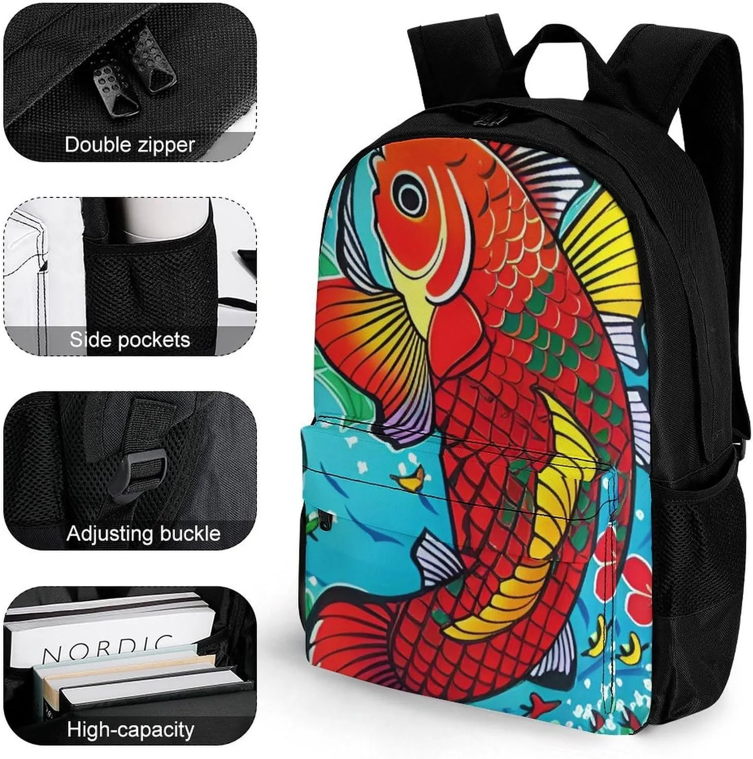Fish Red Flowers Green Art Rucksack Polyester Anti-Theft Multipurpose Bookbag Big Capacity Travel and Sport Backpack Rucksack With Side Pockets