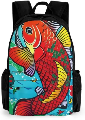 Fish Red Flowers Green Art Rucksack Polyester Anti-Theft Multipurpose Bookbag Big Capacity Travel and Sport Backpack Rucksack With Side Pockets