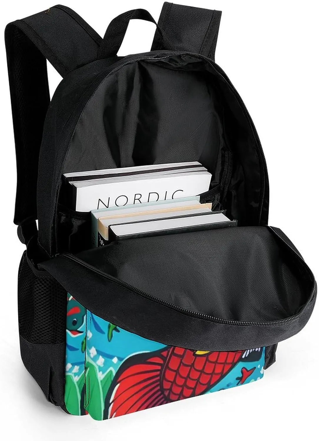 Fish Red Flowers Green Art Rucksack Polyester Anti-Theft Multipurpose Bookbag Big Capacity Travel and Sport Backpack Rucksack With Side Pockets