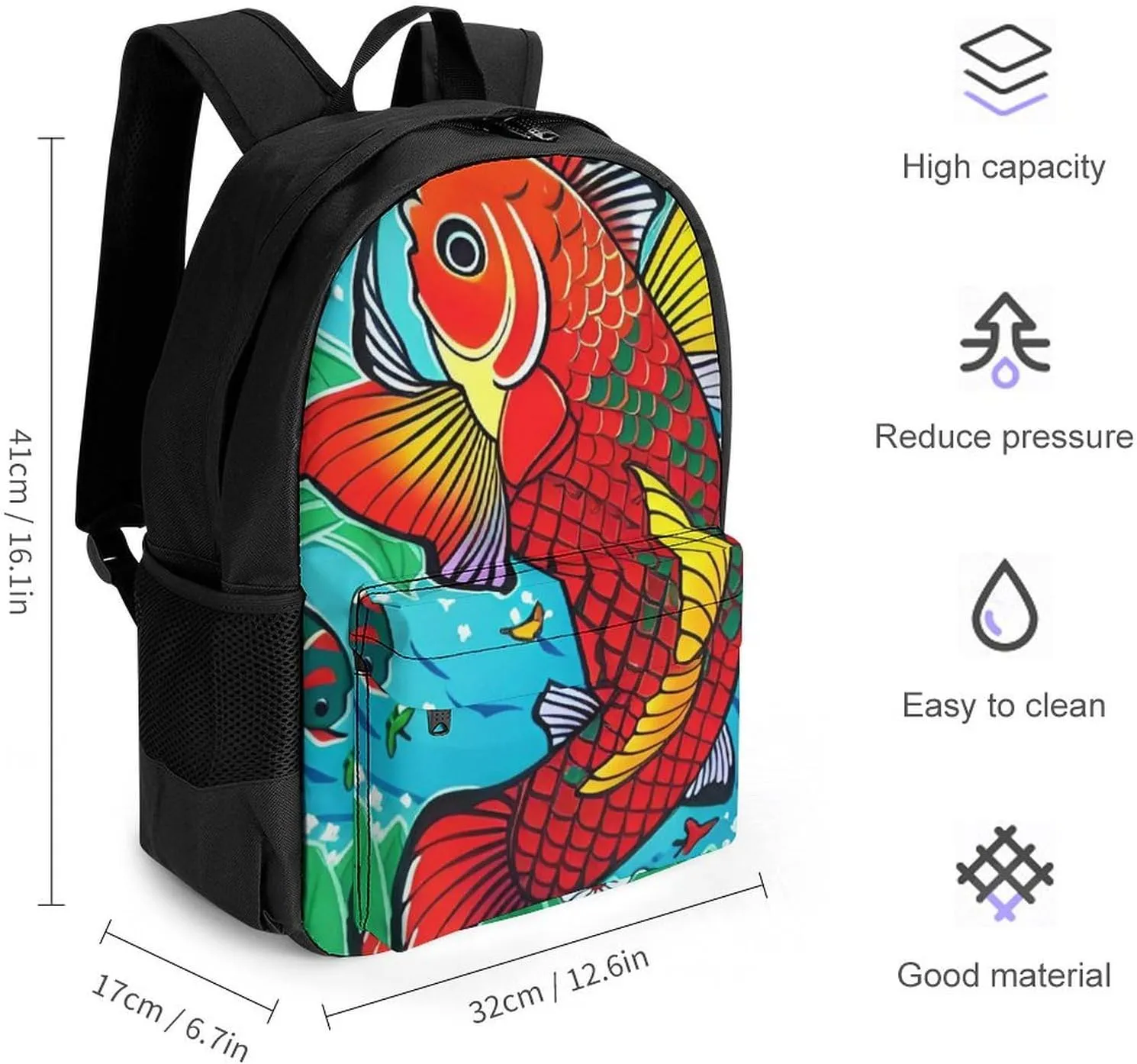Fish Red Flowers Green Art Rucksack Polyester Anti-Theft Multipurpose Bookbag Big Capacity Travel and Sport Backpack Rucksack With Side Pockets