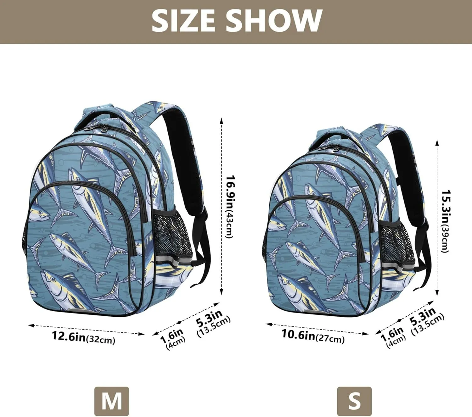 Fisyme Marine Tuna Fish Backpack Laptop Back Pack Daycare Bag Bookbags Travel School Backpacks Small