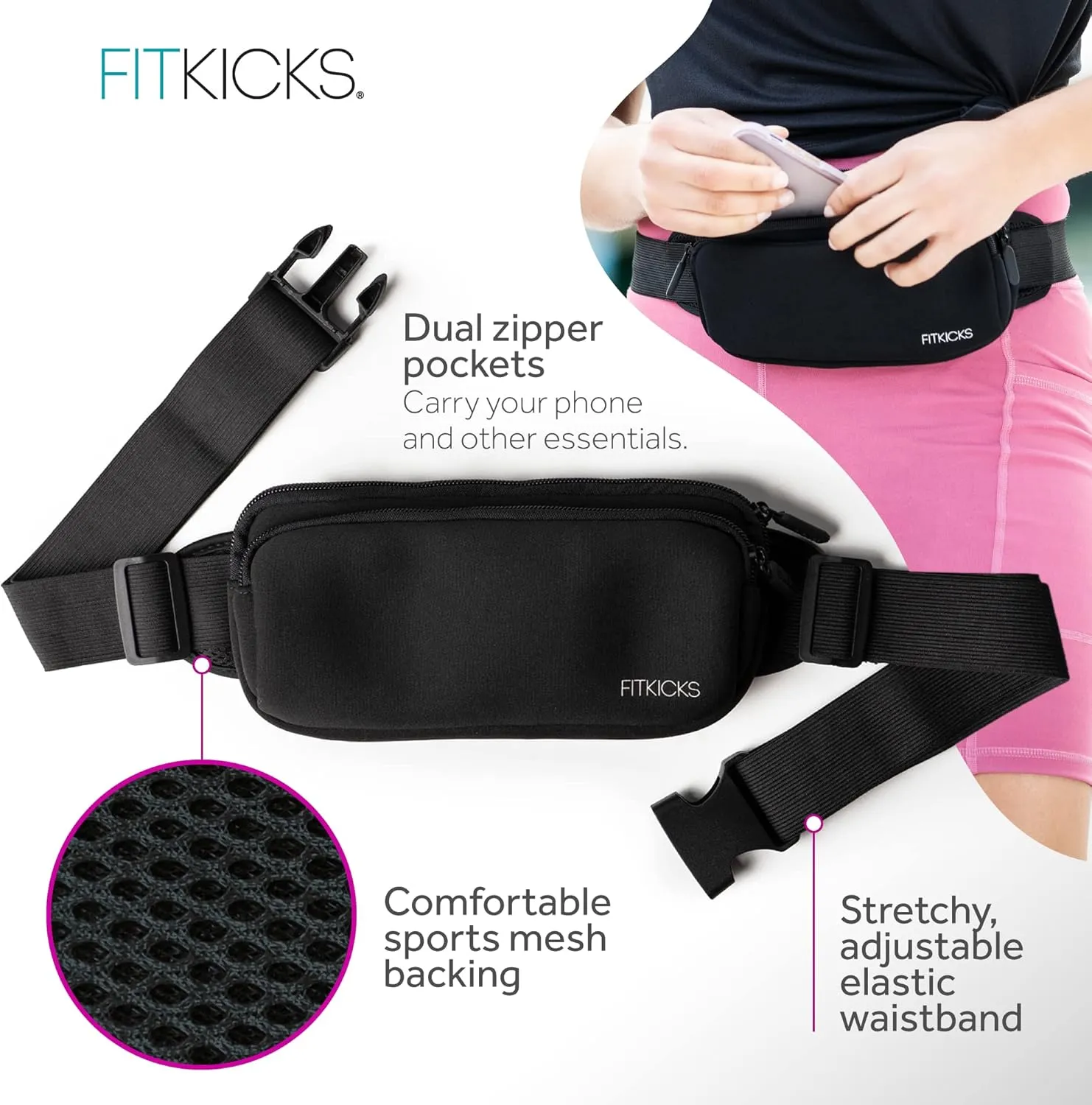 FITKICKS Fitzip Belt Bag and Crossbody Fanny Pack, Waist Pouch with Adjustable Strap - Black