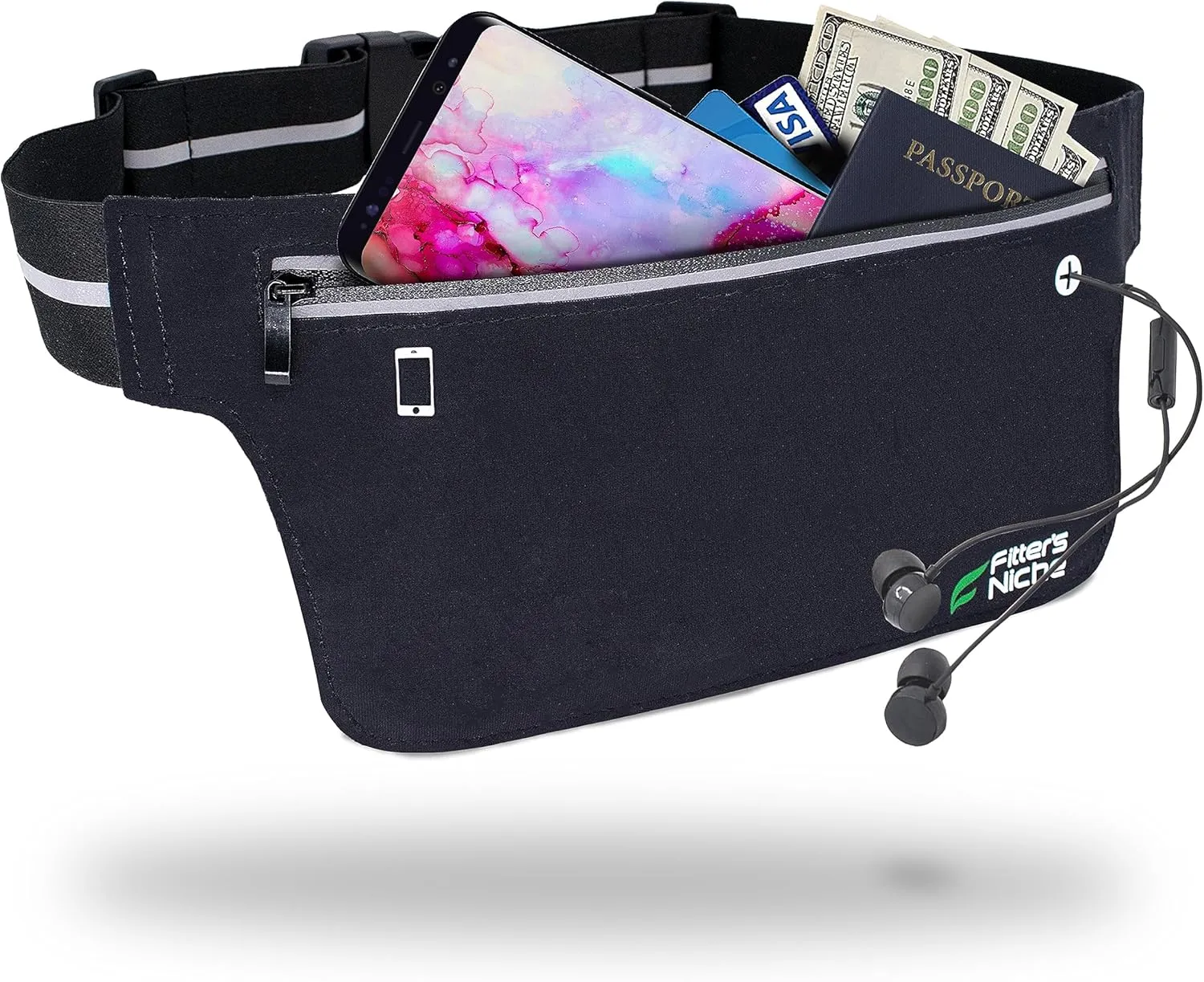 Fitter's Niche UltraSlim Fanny Waist Pack – Water Resistant Bag, Reflective Elastic Belt – Fit 24 to 43inch Waists, Holds Phones up to 6.7inch – Ideal for Indoor & Outdoor Workouts, Exercises & Trips