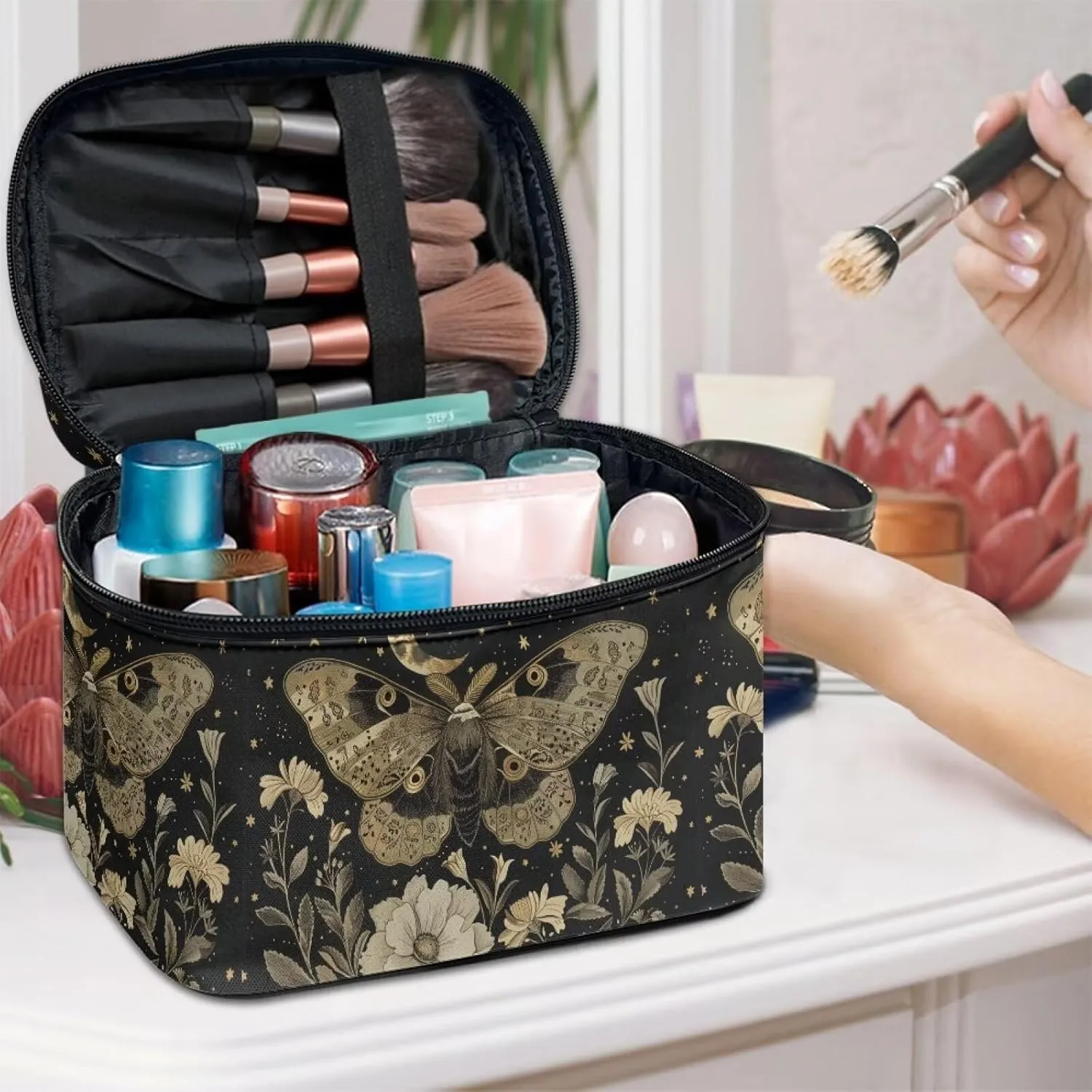 Flashideas Moth Leopard Large Capacity Travel Toiletry Bag Multifunctional Zipper Makeup Organizer Makeup Bag for Purse Toiletry Bag for Skincare Makeup Organizer Bag