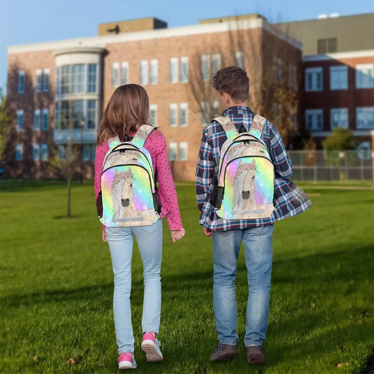Floral Horse Fantasy Rainbow Stripe Backpack for School Boys Kids School Backpack Elementary Students Bookbag Laptop Daypack with Chest Buckle, Teens Hiking Travel Rucksack