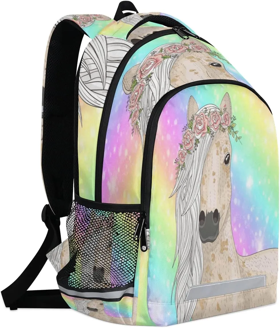 Floral Horse Fantasy Rainbow Stripe Backpack for School Boys Kids School Backpack Elementary Students Bookbag Laptop Daypack with Chest Buckle, Teens Hiking Travel Rucksack