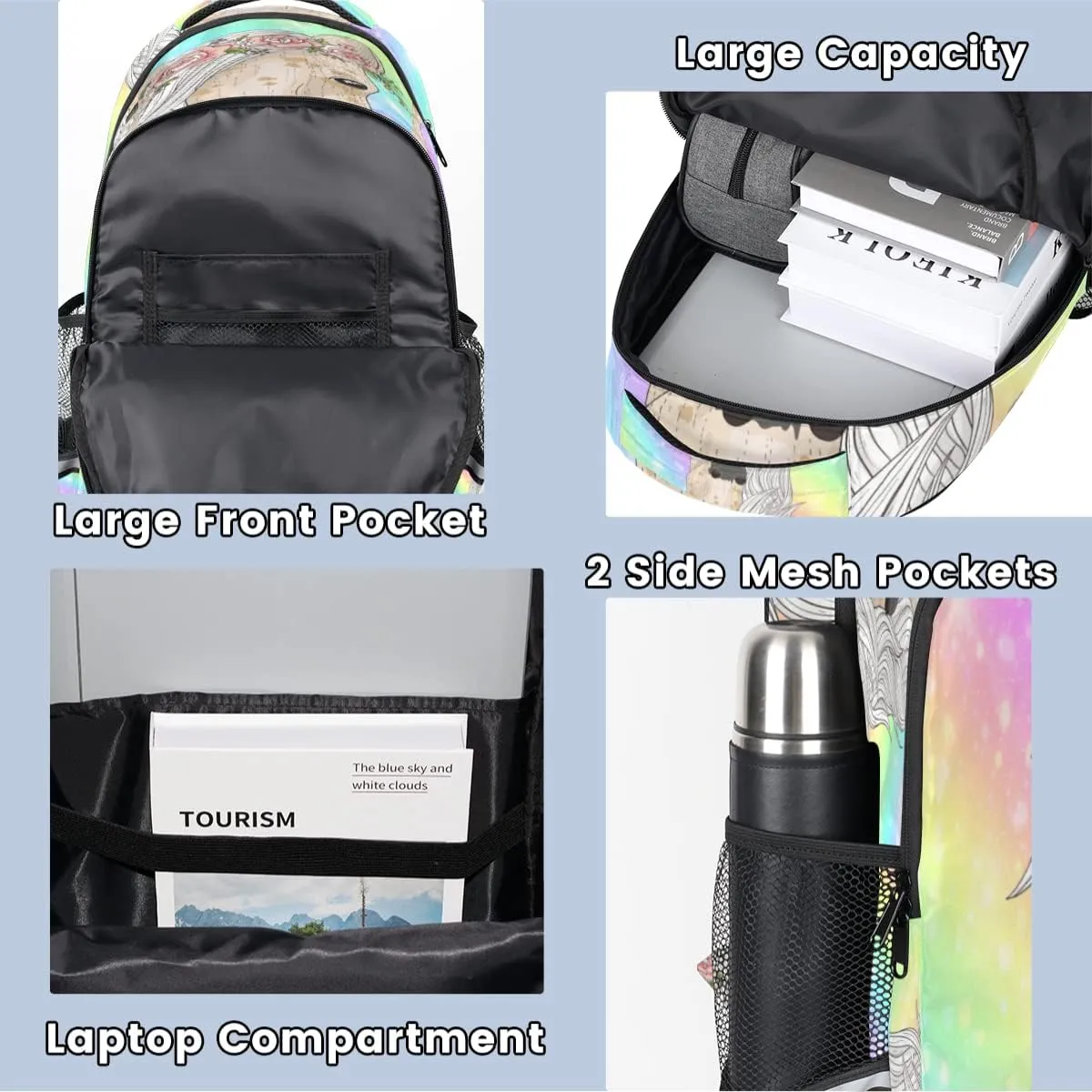 Floral Horse Fantasy Rainbow Stripe Backpack for School Boys Kids School Backpack Elementary Students Bookbag Laptop Daypack with Chest Buckle, Teens Hiking Travel Rucksack
