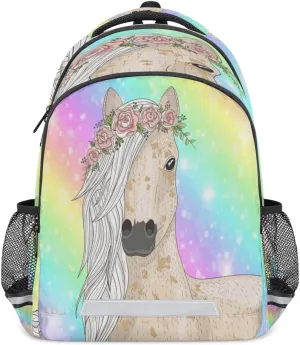 Floral Horse Fantasy Rainbow Stripe Backpack for School Boys Kids School Backpack Elementary Students Bookbag Laptop Daypack with Chest Buckle, Teens Hiking Travel Rucksack