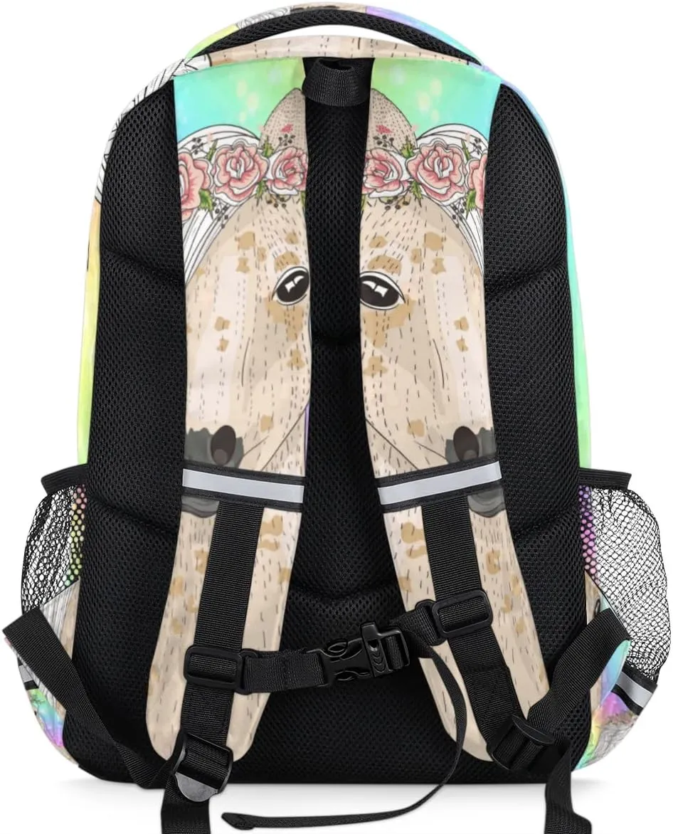 Floral Horse Fantasy Rainbow Stripe Backpack for School Boys Kids School Backpack Elementary Students Bookbag Laptop Daypack with Chest Buckle, Teens Hiking Travel Rucksack