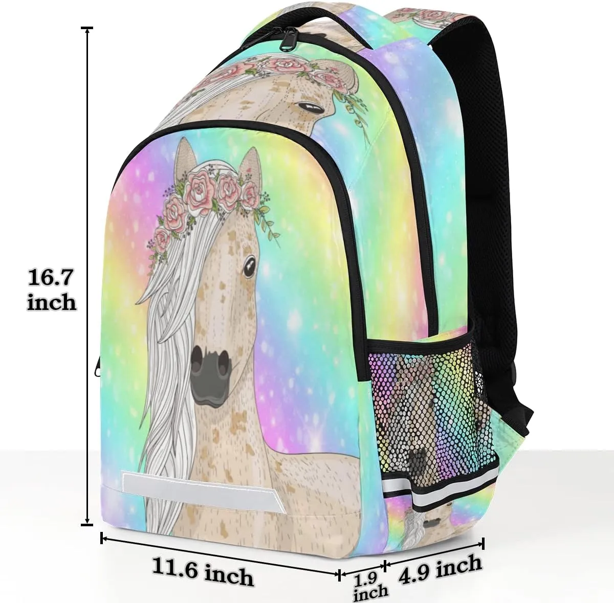 Floral Horse Fantasy Rainbow Stripe Backpack for School Boys Kids School Backpack Elementary Students Bookbag Laptop Daypack with Chest Buckle, Teens Hiking Travel Rucksack