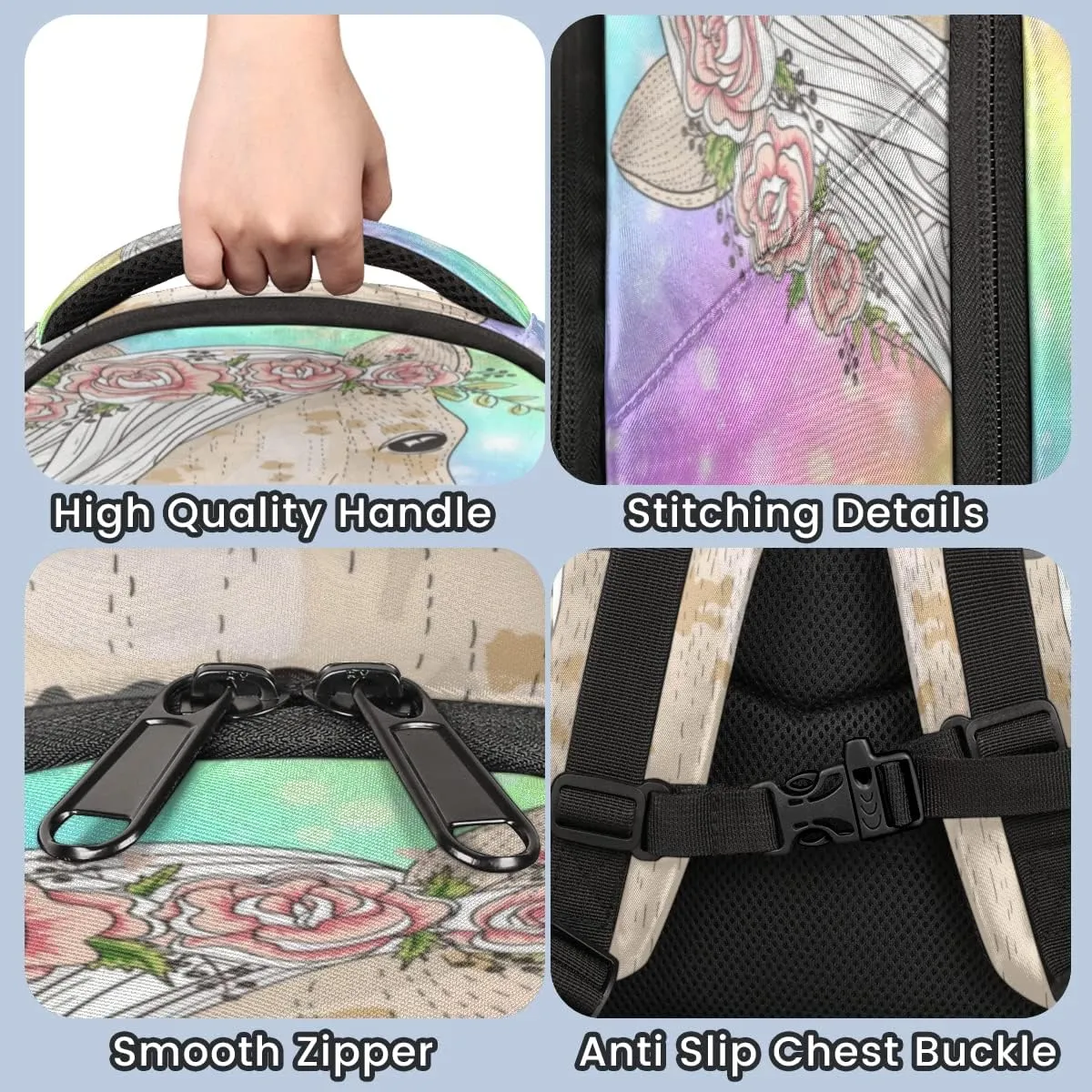 Floral Horse Fantasy Rainbow Stripe Backpack for School Boys Kids School Backpack Elementary Students Bookbag Laptop Daypack with Chest Buckle, Teens Hiking Travel Rucksack