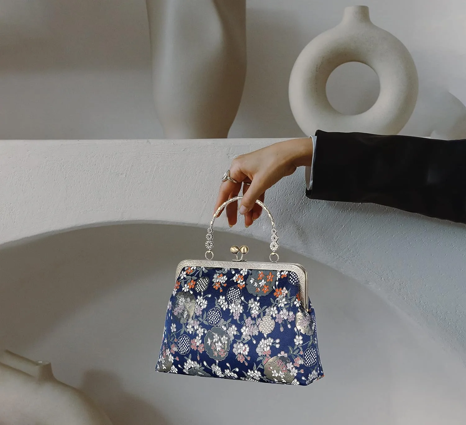 Floral Top-Handle Handbag, Kiss Lock Evening Bag for Women, Vintage Handbag