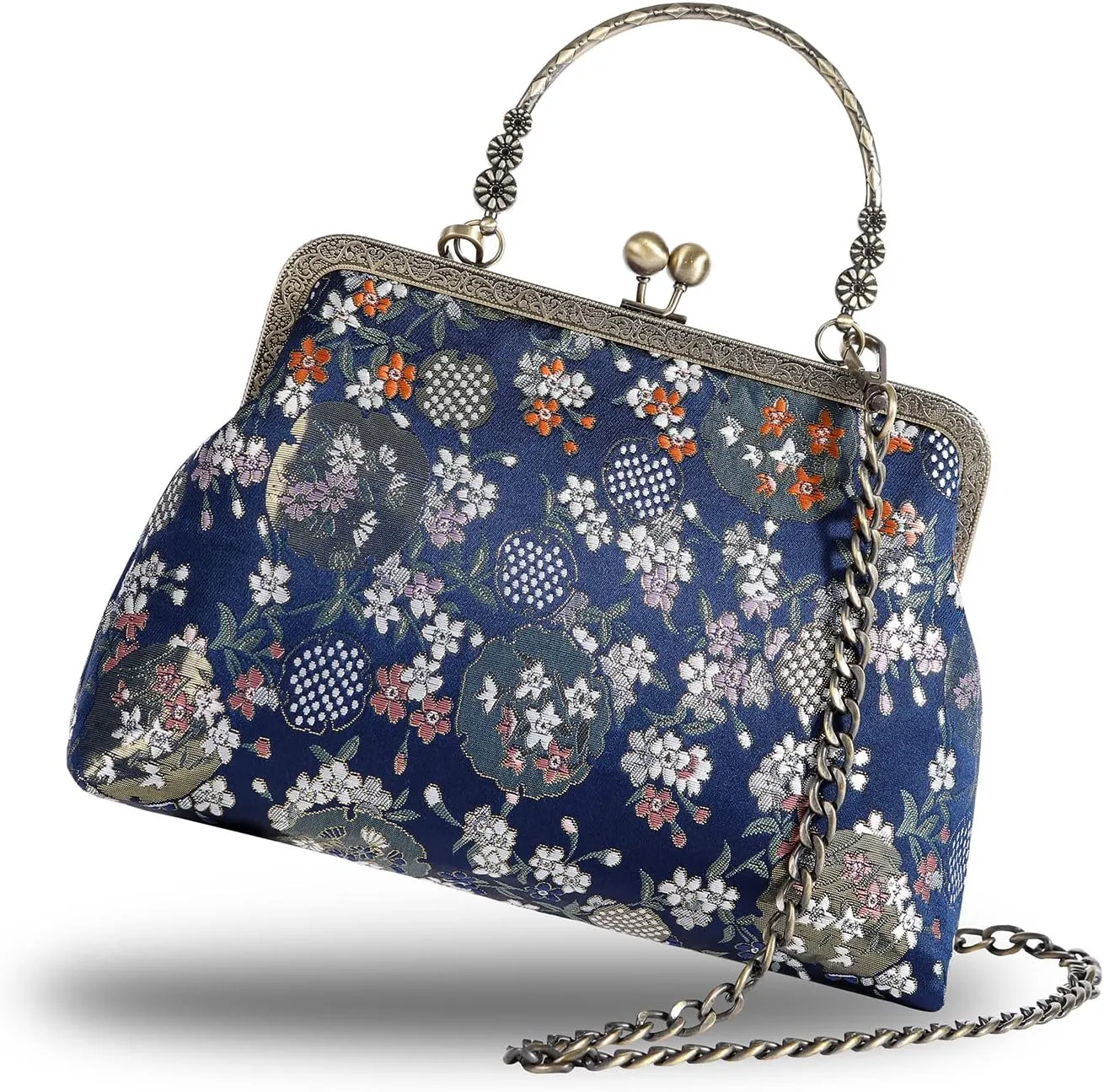 Floral Top-Handle Handbag, Kiss Lock Evening Bag for Women, Vintage Handbag