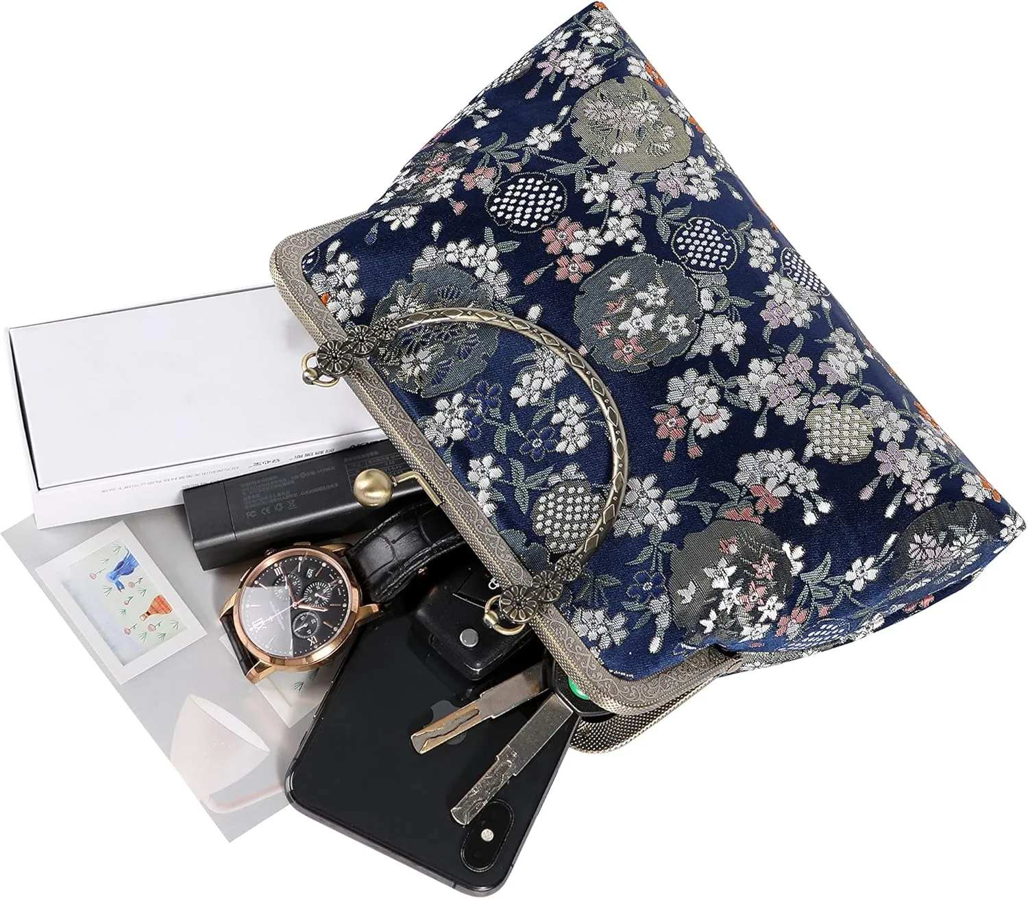 Floral Top-Handle Handbag, Kiss Lock Evening Bag for Women, Vintage Handbag