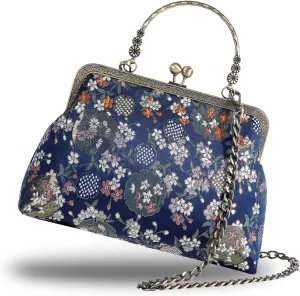 Floral Top-Handle Handbag, Kiss Lock Evening Bag for Women, Vintage Handbag