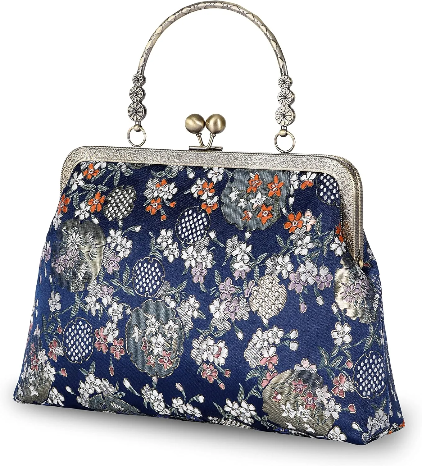 Floral Top-Handle Handbag, Kiss Lock Evening Bag for Women, Vintage Handbag