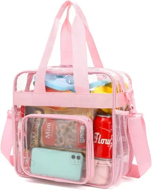 FlowFly Clear Bag for Stadium Events With Shoulder Strap for Women, Men, Large and Reusable Lunch Container, Work and Sporting Events, Travel 12x6x12 Clear Tote Bag, Clear#Pink