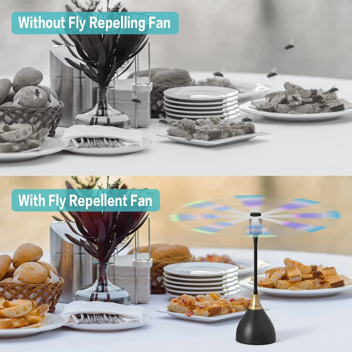 Fly Fans for Tables, Practical Fly Repellent Fan with Soft Blades, USB or Batteries Powered, Soundless and Portable Fly Fan Keeps Your Food Clean(3 Pack)