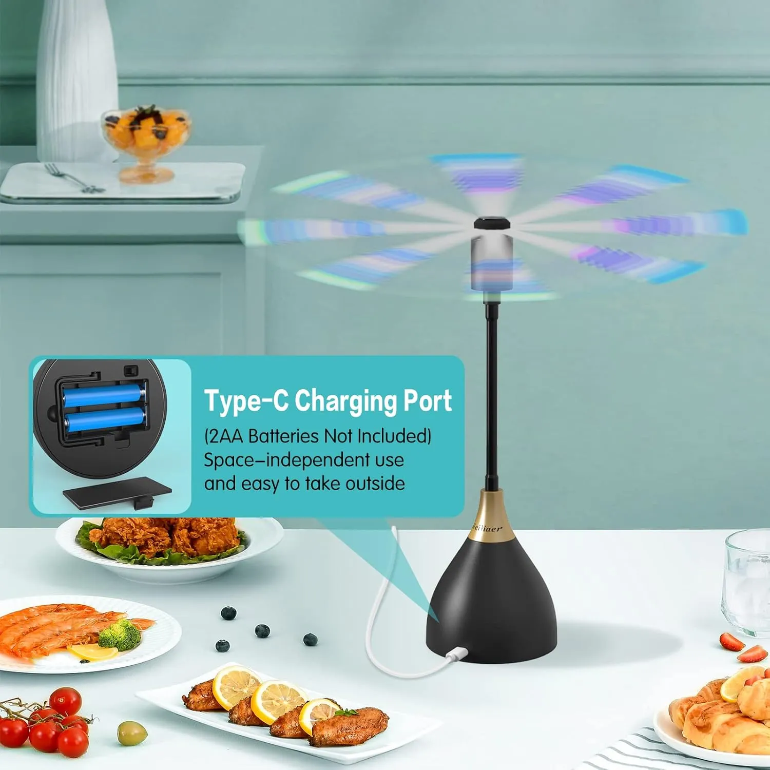 Fly Fans for Tables, Practical Fly Repellent Fan with Soft Blades, USB or Batteries Powered, Soundless and Portable Fly Fan Keeps Your Food Clean(3 Pack)