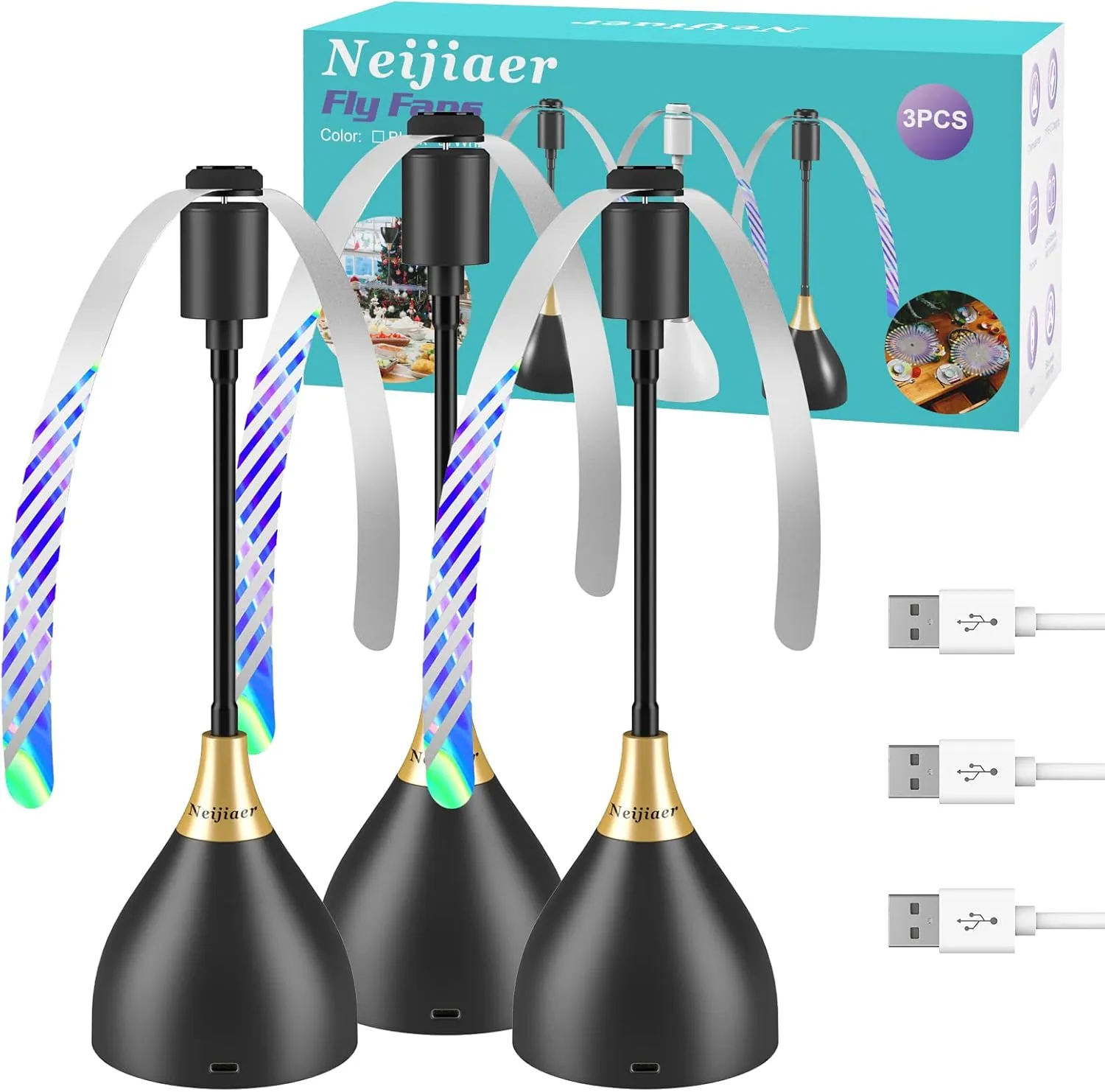 Fly Fans for Tables, Practical Fly Repellent Fan with Soft Blades, USB or Batteries Powered, Soundless and Portable Fly Fan Keeps Your Food Clean(3 Pack)