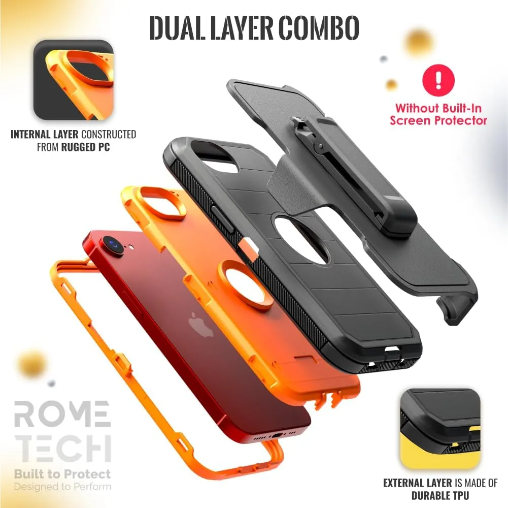 for Apple iPhone 16e Case with Belt Clip Holster & Kickstand, Screenless Protective Dual-Layer Shockproof Phone Case for iPhone 16e - Black&Orange