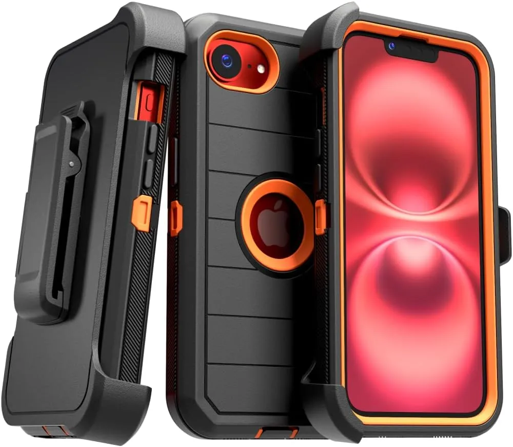 for Apple iPhone 16e Case with Belt Clip Holster & Kickstand, Screenless Protective Dual-Layer Shockproof Phone Case for iPhone 16e - Black&Orange