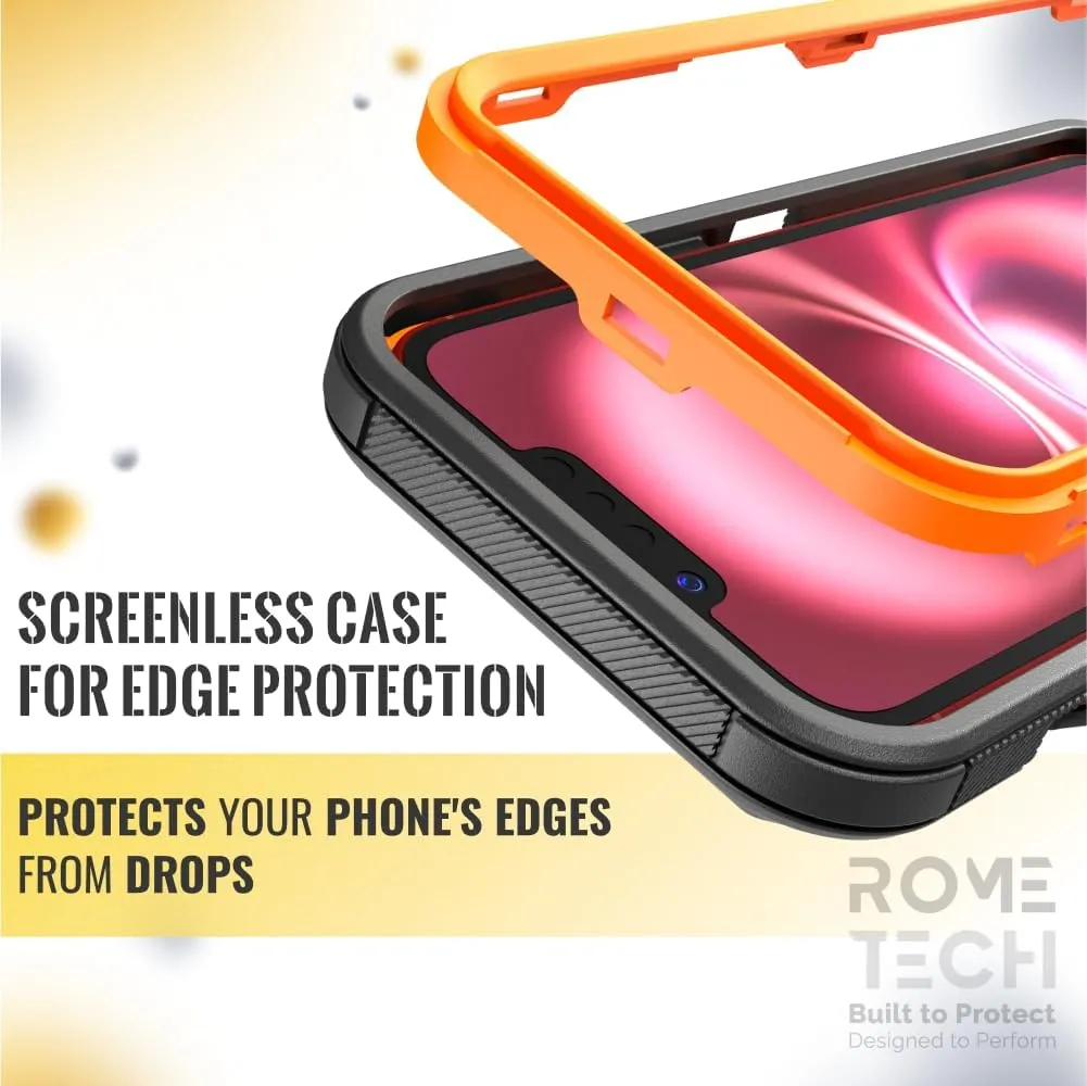 for Apple iPhone 16e Case with Belt Clip Holster & Kickstand, Screenless Protective Dual-Layer Shockproof Phone Case for iPhone 16e - Black&Orange