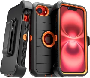 for Apple iPhone 16e Case with Belt Clip Holster & Kickstand, Screenless Protective Dual-Layer Shockproof Phone Case for iPhone 16e - Black&Orange