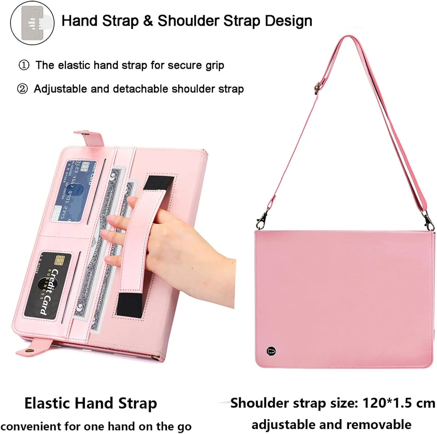 for iPad 9th/8th/7th Generation Crossbody Handbag Stand Case with Pencil Holder/Pockets [Shoulder Strap/Hand Strap] Magnetic Wallet Envelope Cover for iPad 10.2" 2021/2020/2019, Rosegold