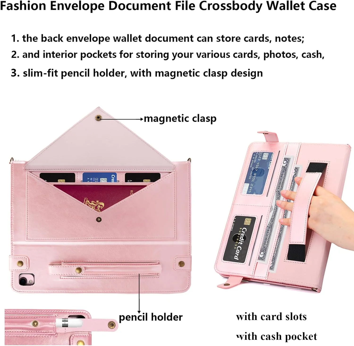 for iPad 9th/8th/7th Generation Crossbody Handbag Stand Case with Pencil Holder/Pockets [Shoulder Strap/Hand Strap] Magnetic Wallet Envelope Cover for iPad 10.2" 2021/2020/2019, Rosegold