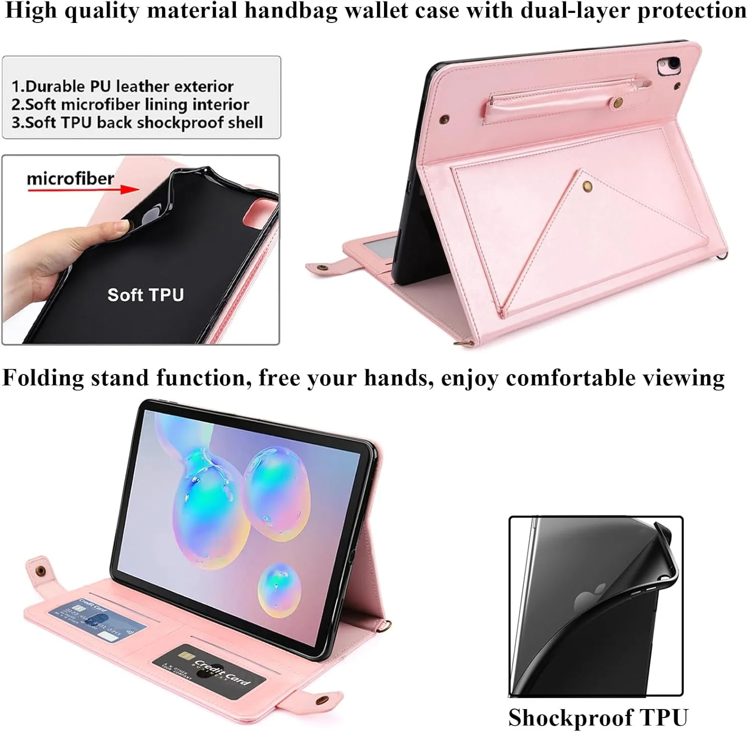 for iPad 9th/8th/7th Generation Crossbody Handbag Stand Case with Pencil Holder/Pockets [Shoulder Strap/Hand Strap] Magnetic Wallet Envelope Cover for iPad 10.2" 2021/2020/2019, Rosegold