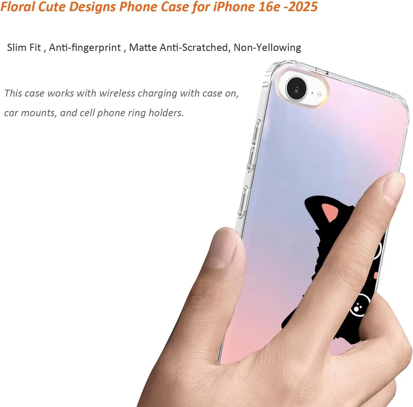 for iPhone 16e Case 2025, Slim Clear Matte Cute Flowers Floral Design for Girls Women Rugged TPU Bumper Shockproof Silicone Cell Phone Cover (Cat Ear)