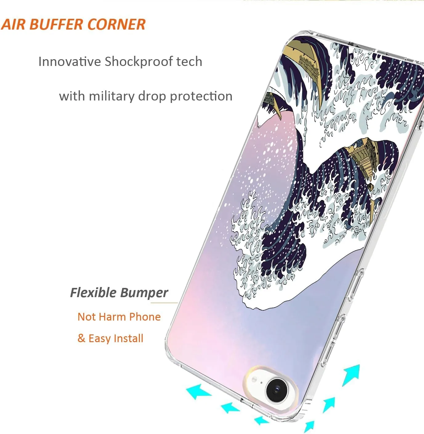 for iPhone 16e Case 2025, Slim Clear Matte Cute Flowers Floral Design for Girls Women Rugged TPU Bumper Shockproof Silicone Cell Phone Cover (Great Wave)
