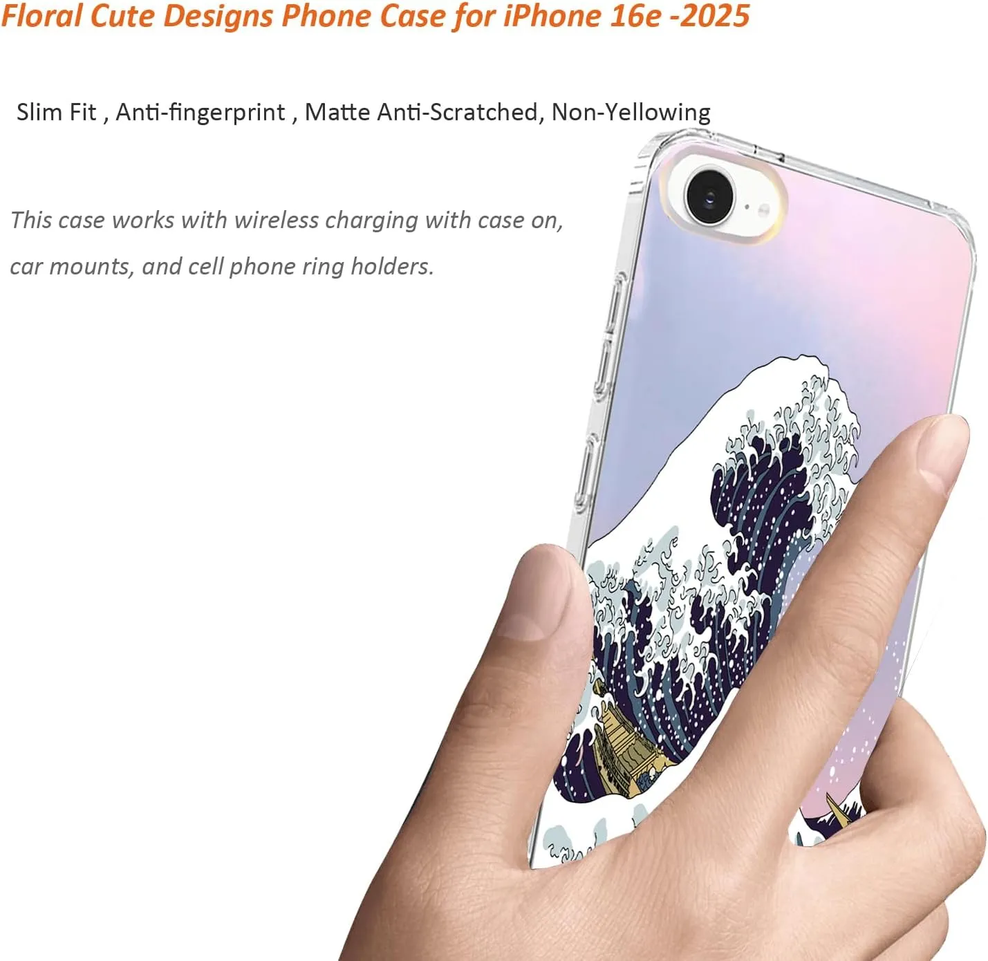 for iPhone 16e Case 2025, Slim Clear Matte Cute Flowers Floral Design for Girls Women Rugged TPU Bumper Shockproof Silicone Cell Phone Cover (Great Wave)
