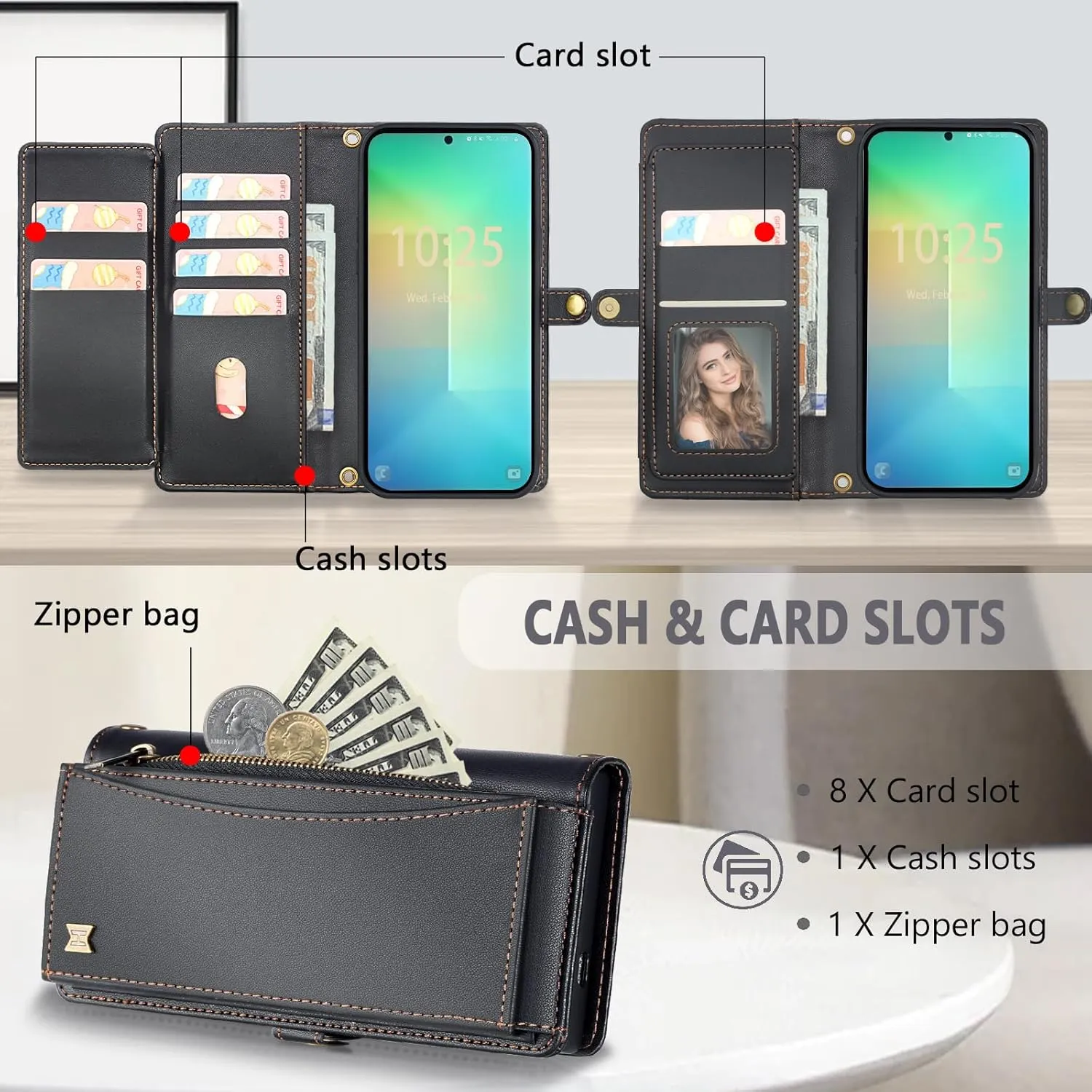 for Samsung Galaxy S25 Plus Wallet Case with Card Holder/Crossbody Wallet/Strap,[RFID Blocking][Magnetic] PU Leather Shockproof Protective Cover Samsung Galaxy S25 Plus Case 6.7”,Black