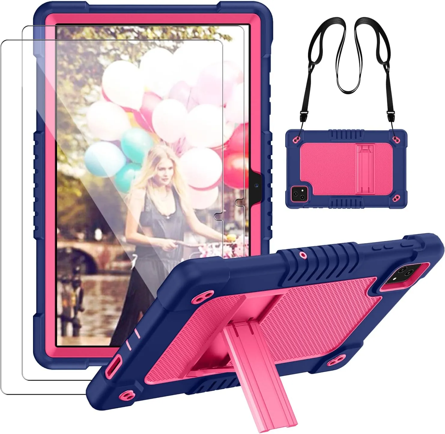 for T-Mobile Revvl Tab 5G 2023 Released Tablet Case,with Tempered Screen Protector Shoulder Strap Stand Kids Friendly Shockproof Case for T-Mobile Revvl Tab 5G 10.36 Inch (NavyPink 2Pcs)