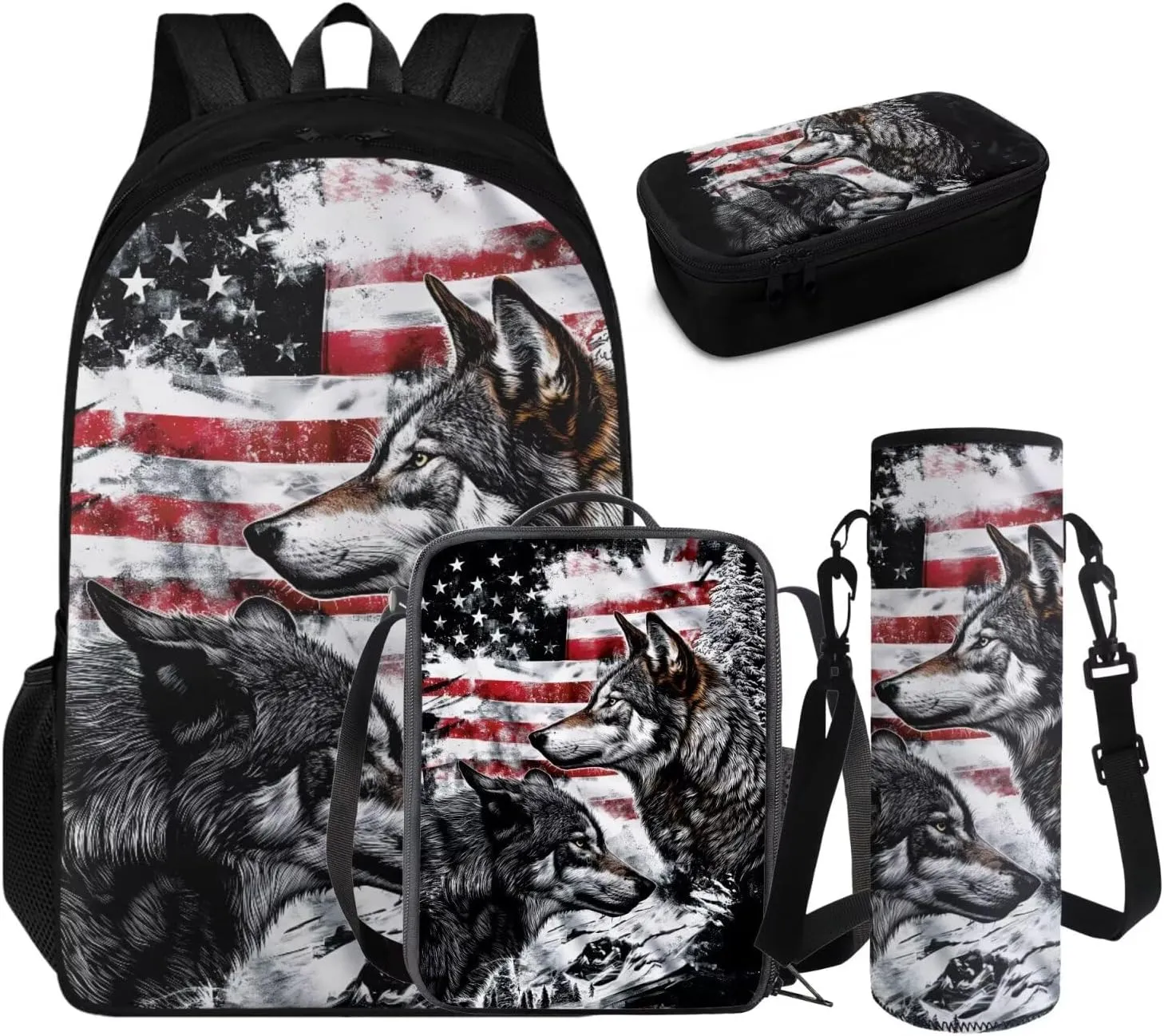 FOR U DESIGNS American Flag Backpack for Boys Lightweight Large Capacity Wolf Bookbag Middle School Cool 4 Pcs School Bag and Lunch Bag Set 3rd Grade Mochilas Para Niños