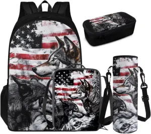 FOR U DESIGNS American Flag Backpack for Boys Lightweight Large Capacity Wolf Bookbag Middle School Cool 4 Pcs School Bag and Lunch Bag Set 3rd Grade Mochilas Para Niños